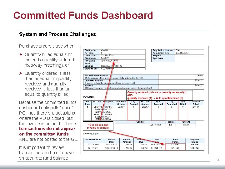 Committed Funds Dashboard System and Process Challenges Purchase orders close when: Ø Quantity billed