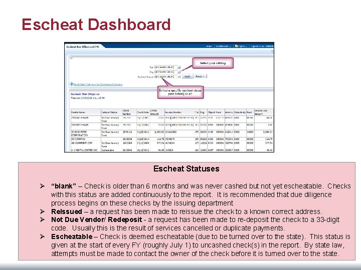Escheat Dashboard Escheat Statuses Ø “blank” – Check is older than 6 months and
