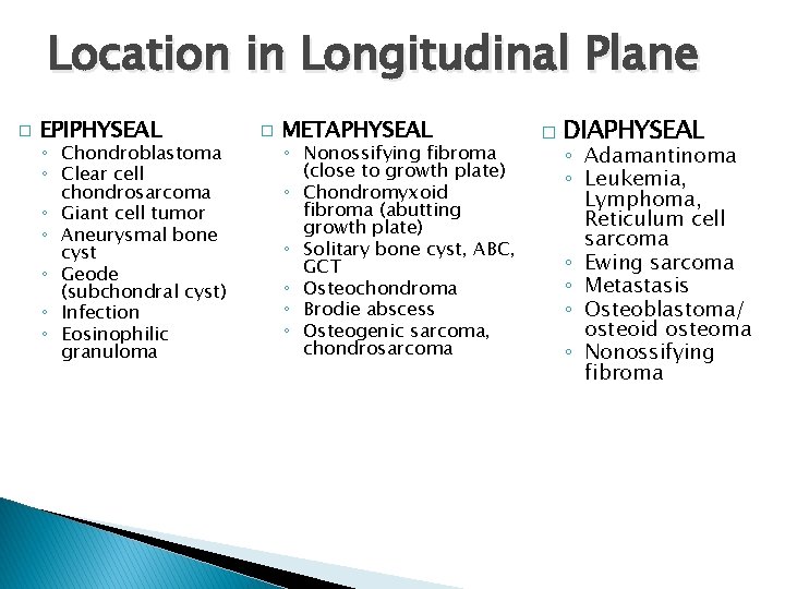 Location in Longitudinal Plane � EPIPHYSEAL ◦ Chondroblastoma ◦ Clear cell chondrosarcoma ◦ Giant Location in Longitudinal Plane � EPIPHYSEAL ◦ Chondroblastoma ◦ Clear cell chondrosarcoma ◦ Giant