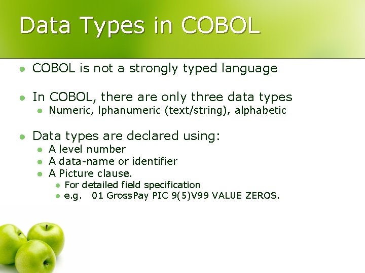 Data Types in COBOL l COBOL is not a strongly typed language l In