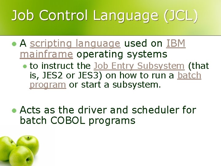 Job Control Language (JCL) l A scripting language used on IBM mainframe operating systems