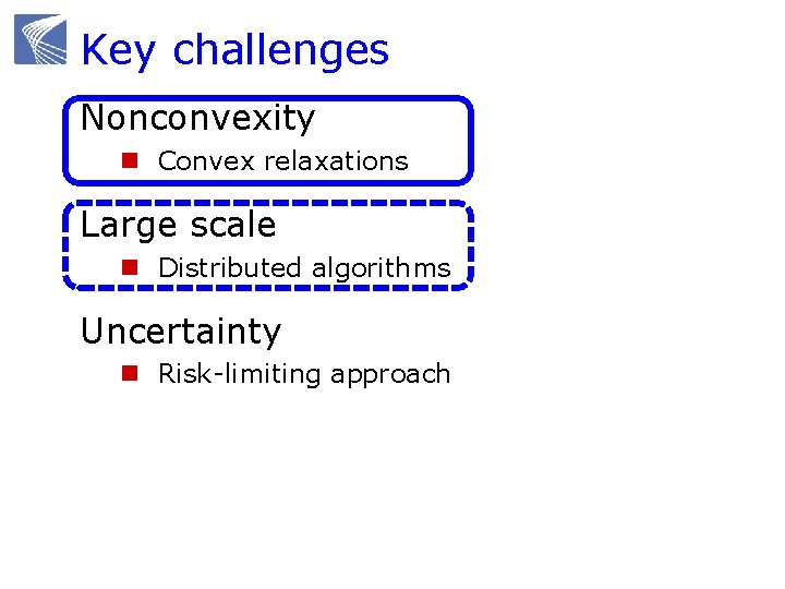 Key challenges Nonconvexity n Convex relaxations Large scale n Distributed algorithms Uncertainty n Risk-limiting