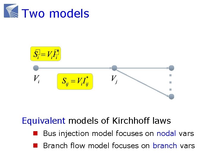 Two models Equivalent models of Kirchhoff laws n Bus injection model focuses on nodal