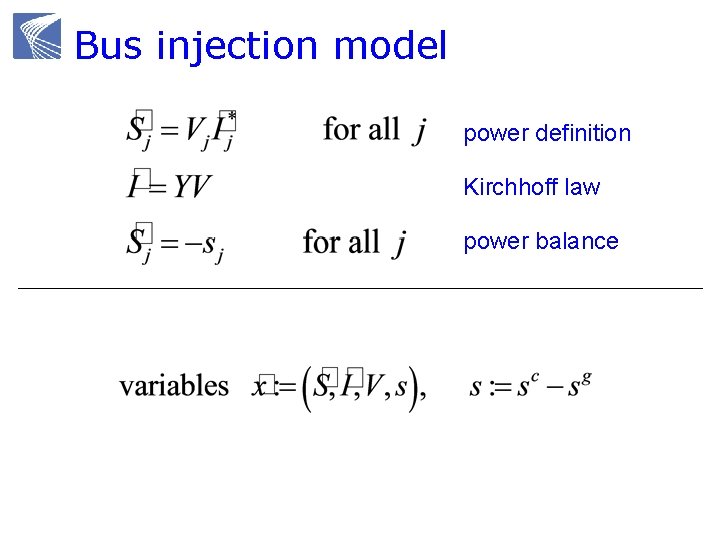 Bus injection model power definition Kirchhoff law power balance 