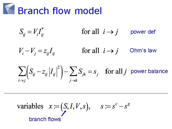 Branch flow model power def Ohm’s law power balance branch flows 