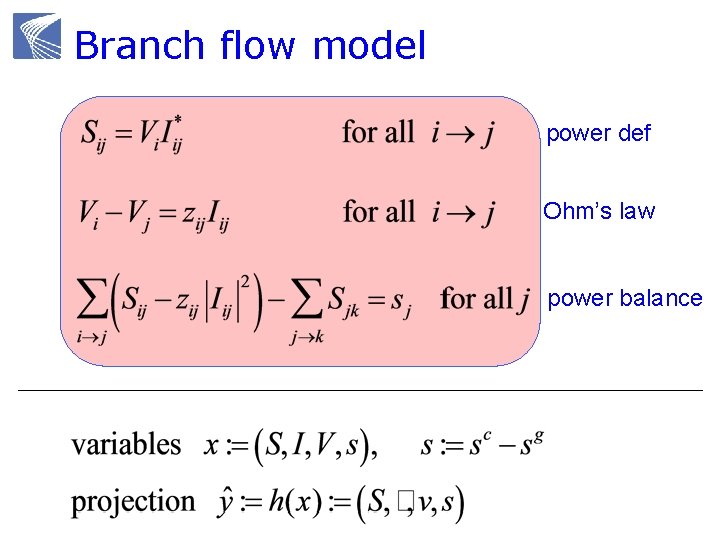Branch flow model power def Ohm’s law power balance 