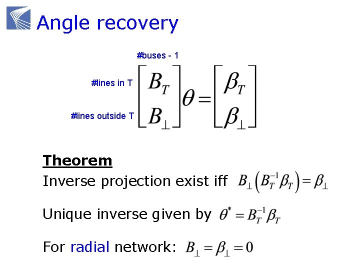 Angle recovery #buses - 1 #lines in T #lines outside T Theorem Inverse projection