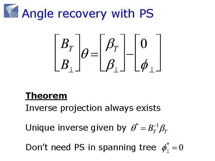 Angle recovery with PS Theorem Inverse projection always exists Unique inverse given by Don’t