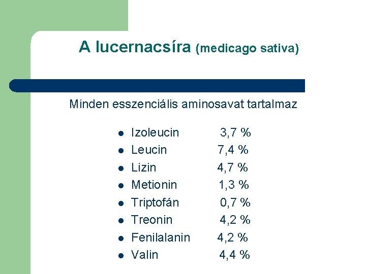 A lucernacsíra (medicago sativa) Minden esszenciális aminosavat tartalmaz l l l l Izoleucin Lizin