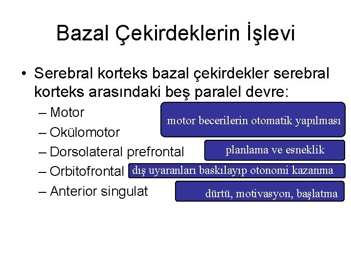 Bazal Çekirdeklerin İşlevi • Serebral korteks bazal çekirdekler serebral korteks arasındaki beş paralel devre: