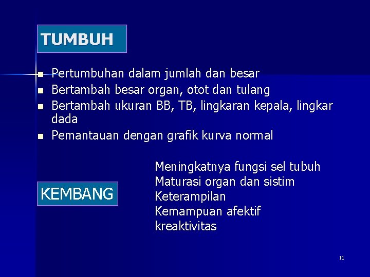 TUMBUH n n Pertumbuhan dalam jumlah dan besar Bertambah besar organ, otot dan tulang