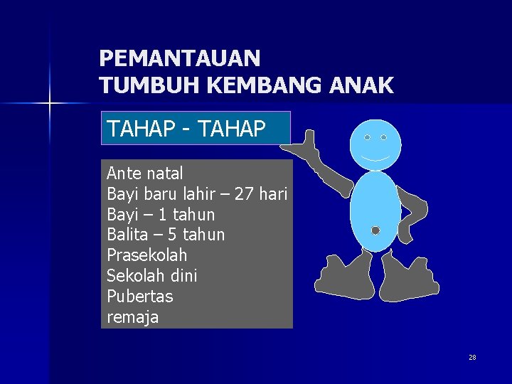 PEMANTAUAN TUMBUH KEMBANG ANAK TAHAP - TAHAP Ante natal Bayi baru lahir – 27