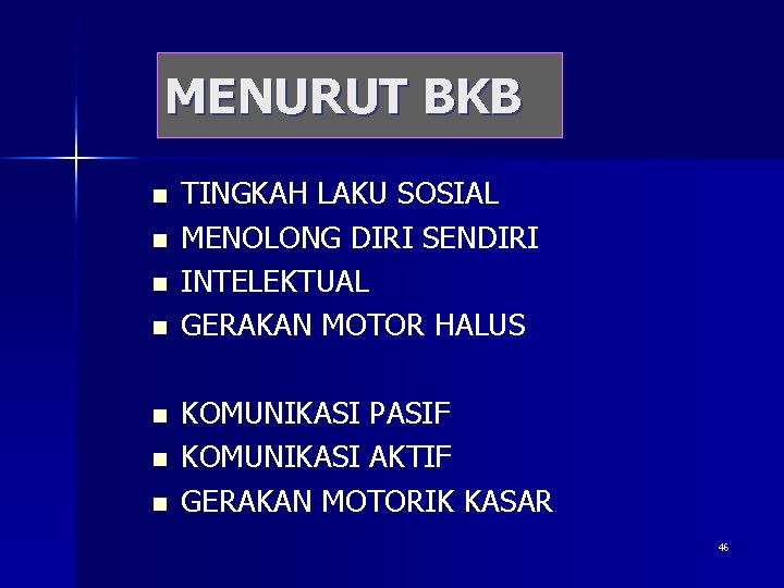 MENURUT BKB n n n n TINGKAH LAKU SOSIAL MENOLONG DIRI SENDIRI INTELEKTUAL GERAKAN