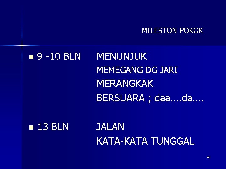 MILESTON POKOK n 9 -10 BLN MENUNJUK MEMEGANG DG JARI MERANGKAK BERSUARA ; daa….