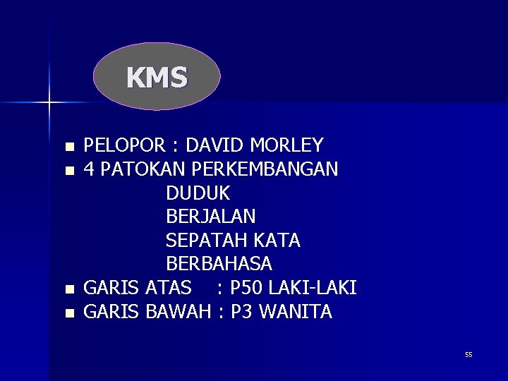 KMS n n PELOPOR : DAVID MORLEY 4 PATOKAN PERKEMBANGAN DUDUK BERJALAN SEPATAH KATA