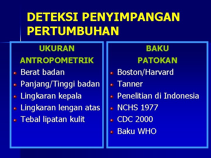 DETEKSI PENYIMPANGAN PERTUMBUHAN UKURAN ANTROPOMETRIK Berat badan Panjang/Tinggi badan Lingkaran kepala Lingkaran lengan atas