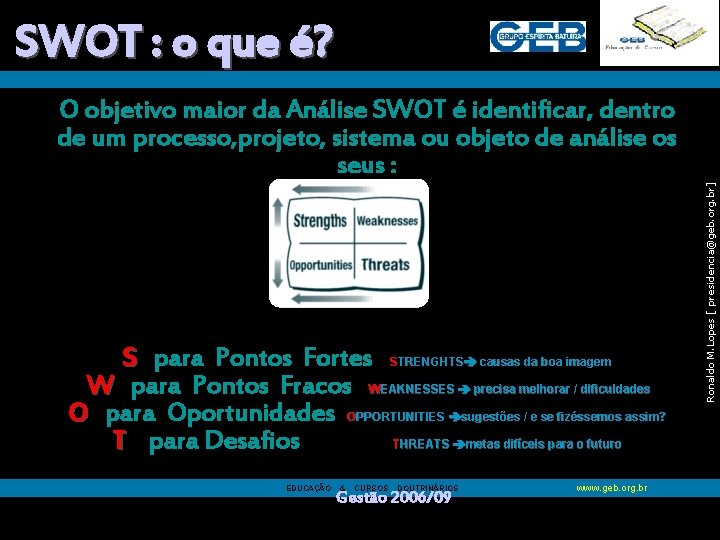 SWOT : o que é? S para Pontos Fortes STRENGHTS causas da boa imagem SWOT : o que é? S para Pontos Fortes STRENGHTS causas da boa imagem