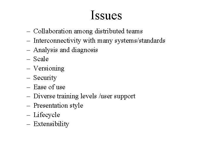 Issues – – – Collaboration among distributed teams Interconnectivity with many systems/standards Analysis and