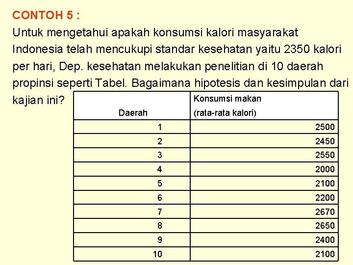 CONTOH 5 : Untuk mengetahui apakah konsumsi kalori masyarakat Indonesia telah mencukupi standar kesehatan