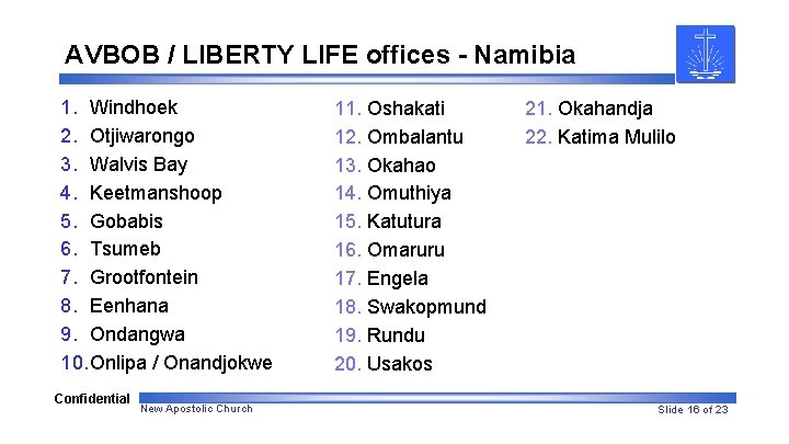 AVBOB / LIBERTY LIFE offices - Namibia 1. Windhoek 2. Otjiwarongo 3. Walvis Bay