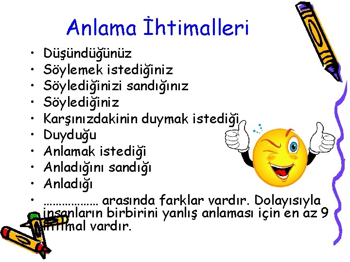 Anlama İhtimalleri • • • Düşündüğünüz Söylemek istediğiniz Söylediğinizi sandığınız Söylediğiniz Karşınızdakinin duymak istediği