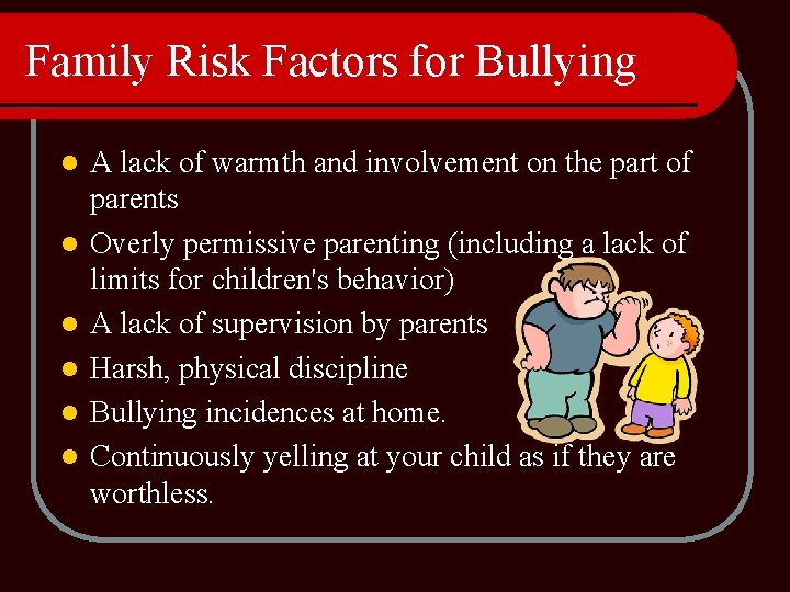 Family Risk Factors for Bullying l l l A lack of warmth and involvement