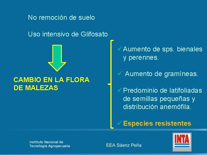 No remoción de suelo Uso intensivo de Glifosato ü Aumento de sps. bienales y