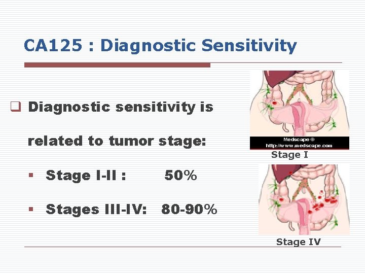 CA 125 : Diagnostic Sensitivity q Diagnostic sensitivity is related to tumor stage: §