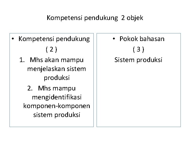 Kompetensi pendukung 2 objek • Kompetensi pendukung (2) 1. Mhs akan mampu menjelaskan sistem