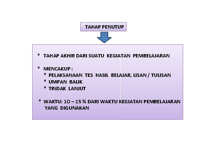 TAHAP PENUTUP * TAHAP AKHIR DARI SUATU KEGIATAN PEMBELAJARAN * MENCAKUP : * PELAKSANAAN