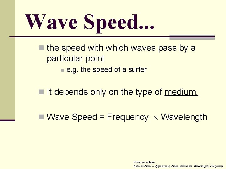 Wave Speed. . . n the speed with which waves pass by a particular