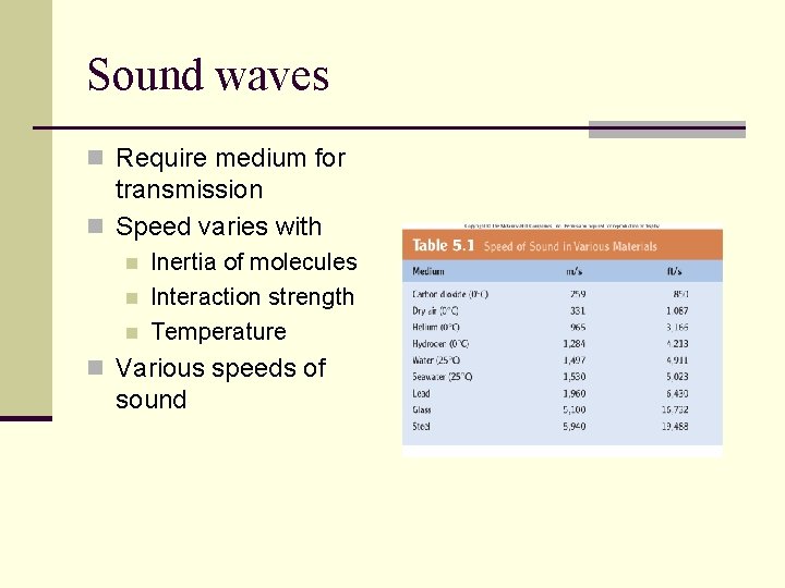 Sound waves n Require medium for transmission n Speed varies with n n n