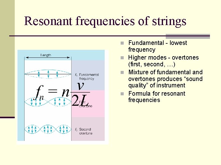 Resonant frequencies of strings n Fundamental - lowest frequency n Higher modes - overtones