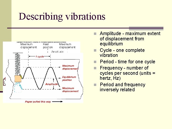 Describing vibrations n Amplitude - maximum extent n n of displacement from equilibrium Cycle