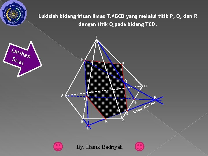 Lukislah bidang irisan limas T. ABCD yang melalui titik P, Q, dan R dengan