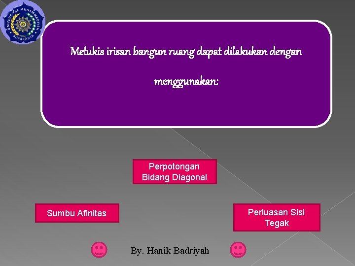 Melukis irisan bangun ruang dapat dilakukan dengan menggunakan: Perpotongan Bidang Diagonal Perluasan Sisi Tegak