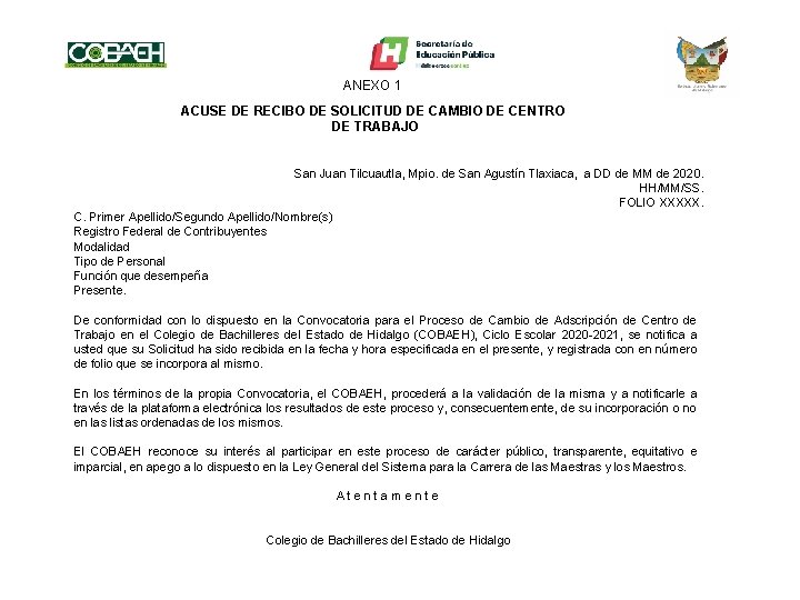ANEXO 1 ACUSE DE RECIBO DE SOLICITUD DE CAMBIO DE CENTRO DE TRABAJO San