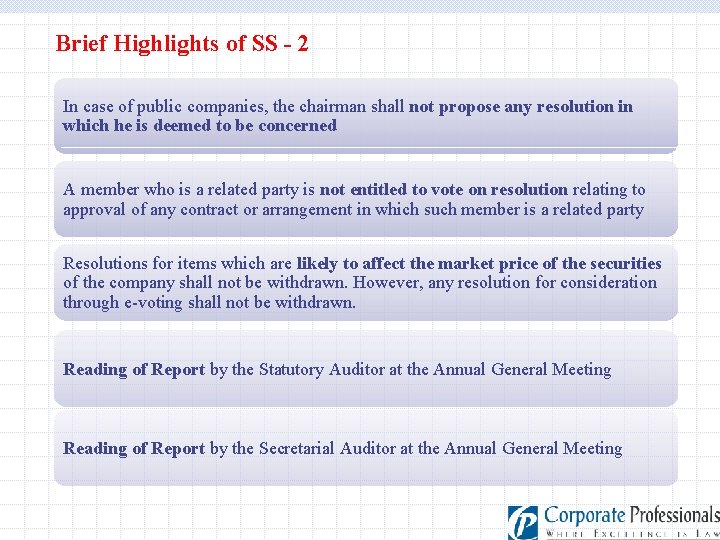 Brief Highlights of SS - 2 In case of public companies, the chairman shall