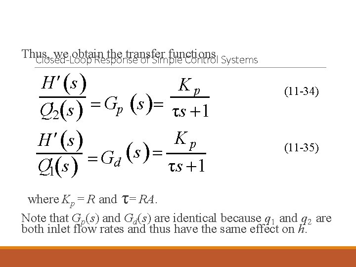 Thus, we obtain the transfer functions Closed-Loop Response of Simple Control Systems H s Thus, we obtain the transfer functions Closed-Loop Response of Simple Control Systems H s