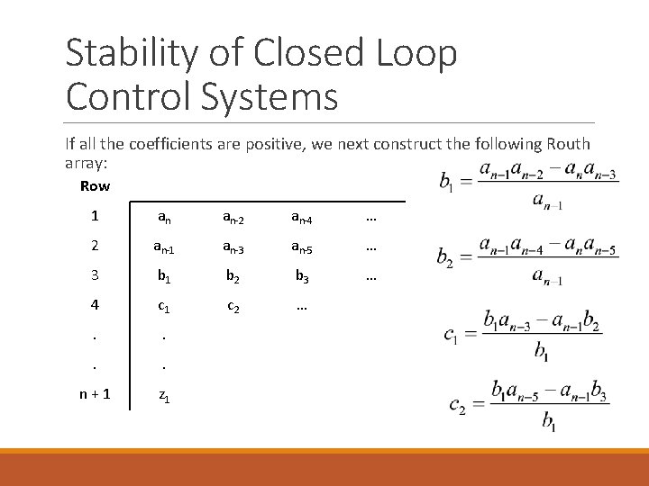 Stability of Closed Loop Control Systems If all the coefficients are positive, we next Stability of Closed Loop Control Systems If all the coefficients are positive, we next