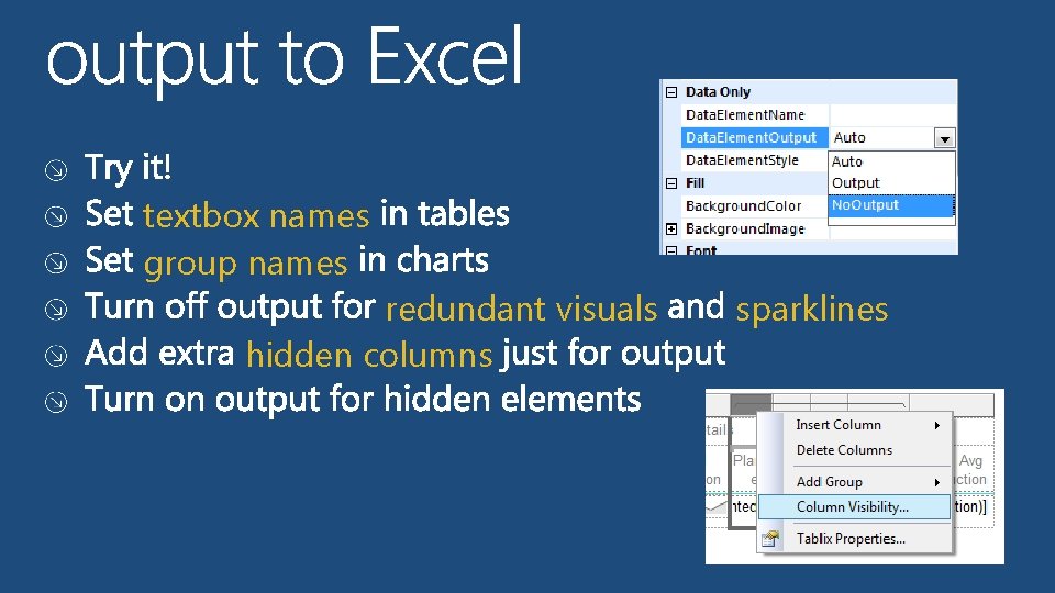 textbox names group names redundant visuals hidden columns sparklines 