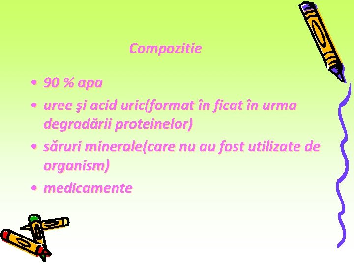Compozitie • 90 % apa • uree şi acid uric(format în ficat în urma Compozitie • 90 % apa • uree şi acid uric(format în ficat în urma