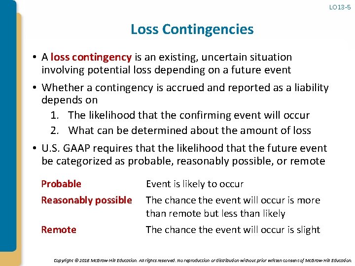 LO 13 -5 Loss Contingencies • A loss contingency is an existing, uncertain situation