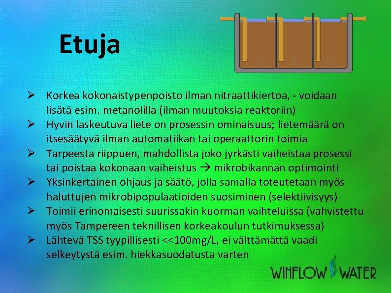 Etuja Ø Korkea kokonaistypenpoisto ilman nitraattikiertoa, - voidaan lisätä esim. metanolilla (ilman muutoksia reaktoriin)