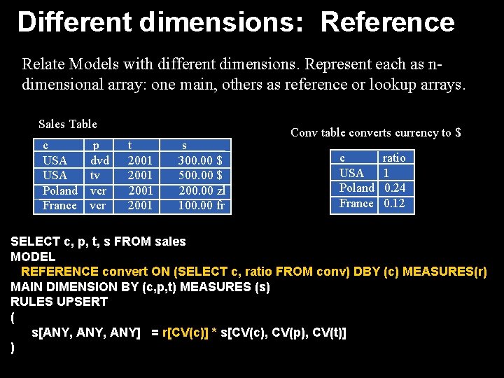 Different dimensions: Reference Relate Models with different dimensions. Represent each as ndimensional array: one