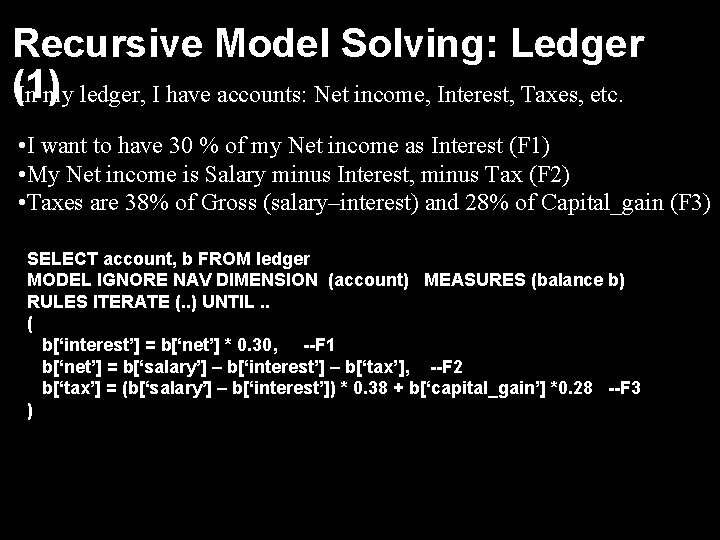 Recursive Model Solving: Ledger (1) In my ledger, I have accounts: Net income, Interest,