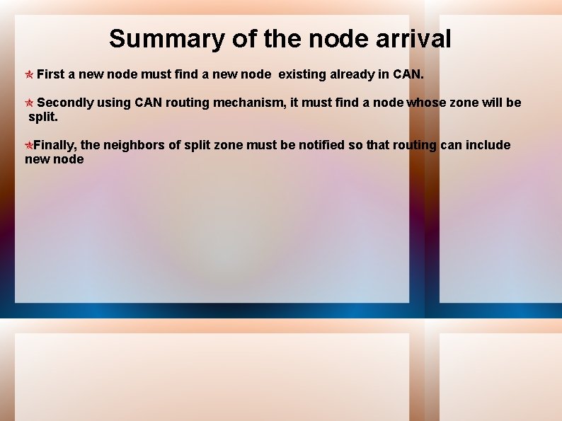 Summary of the node arrival First a new node must find a new node