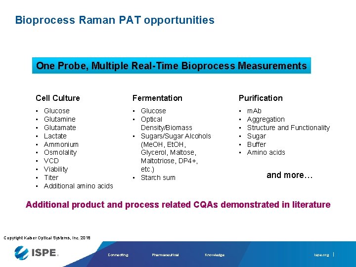 Bioprocess Raman PAT opportunities One Probe, Multiple Real-Time Bioprocess Measurements Cell Culture Fermentation Purification