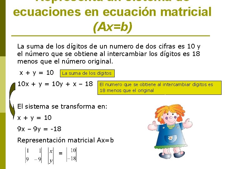 Representa un sistema de ecuaciones en ecuación matricial (Ax=b) La suma de los dígitos
