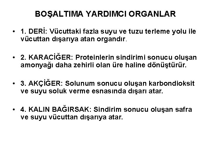 BOŞALTIMA YARDIMCI ORGANLAR • 1. DERİ: Vücuttaki fazla suyu ve tuzu terleme yolu ile